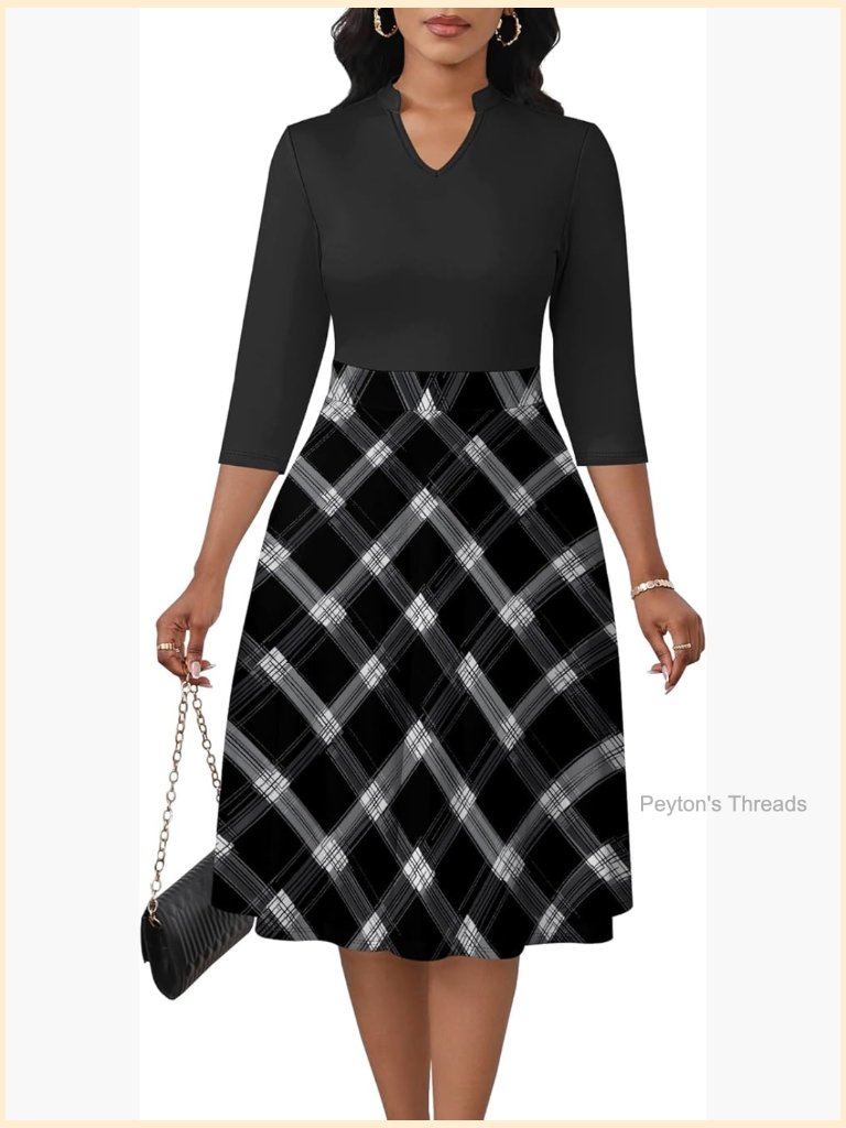 A-Line Midi Dress With Pockets, 3/4 Sleeve V-Neck Fit And Flare Dress